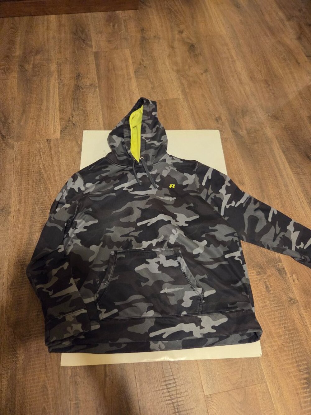 Russell Men's Athletic Pullover Gray Camouflage Patter with Yellow Hood Lining